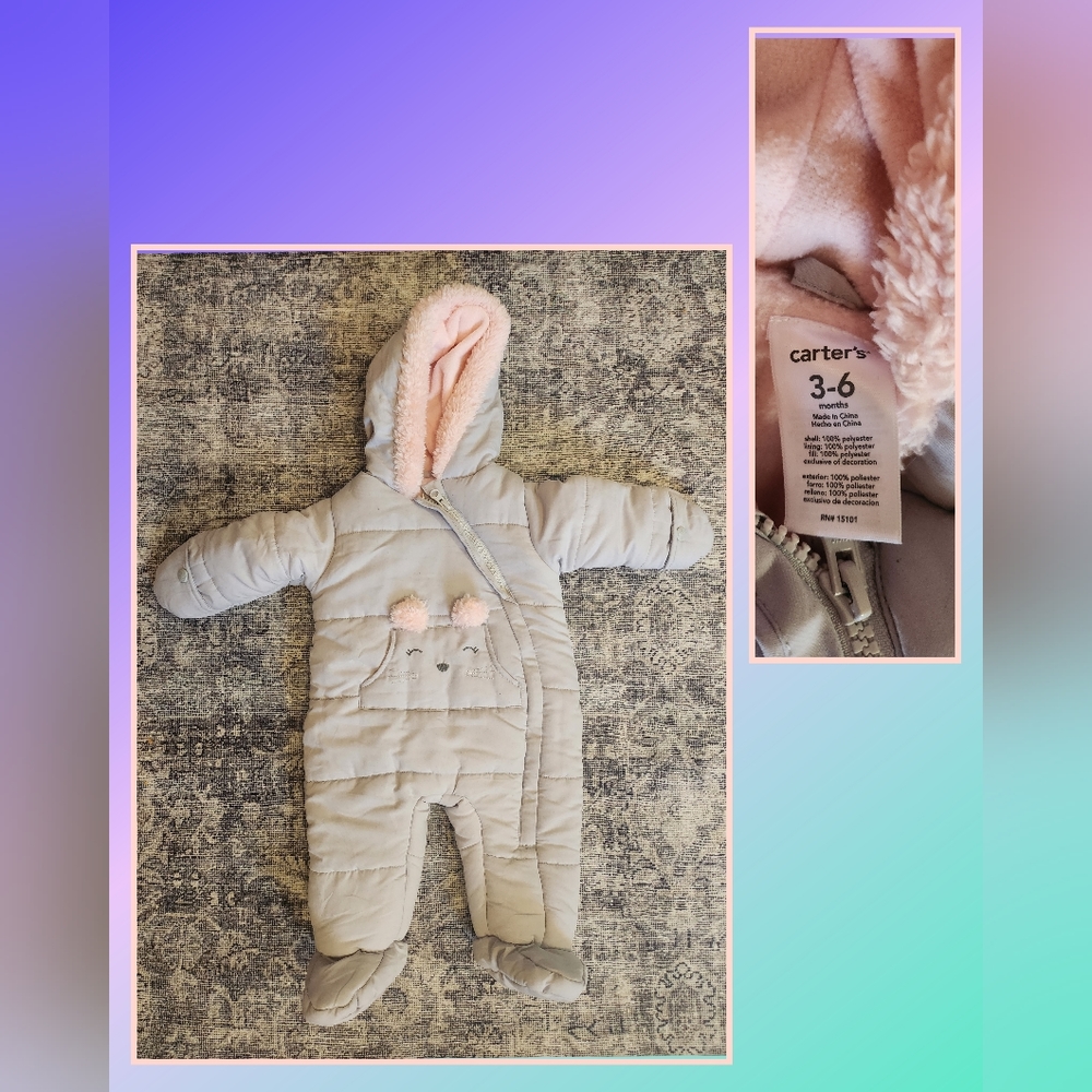 Carters 3-6M Snowsuit Grey Pink Outerwear Snow Pants Infant Baby Clothes $20